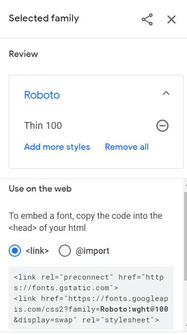 Hier vindt je de embed-code voor het implementeren van een lettertype van Google op je website